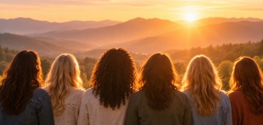 Women looking out over the mountains at sunset